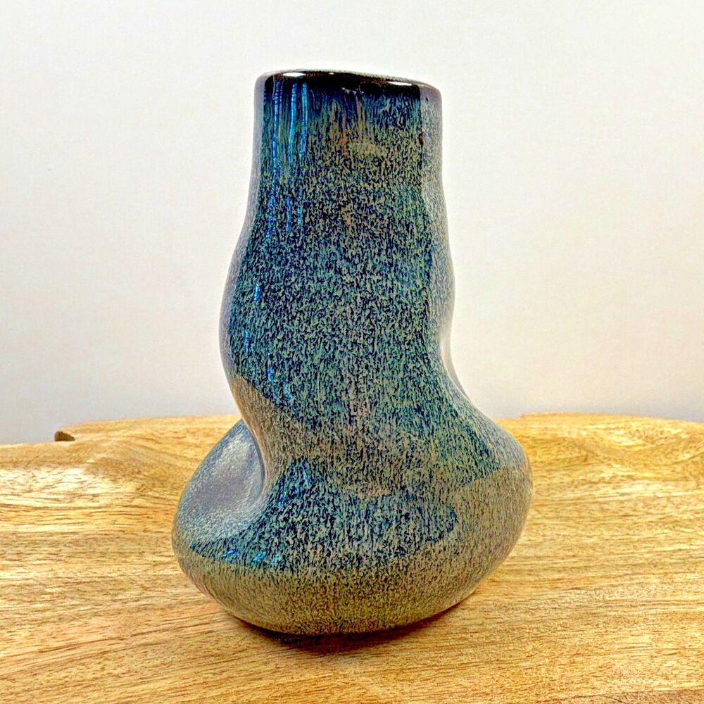 Studio Art Pottery Vase Organic Freeform Blue Green Drip Glaze Small 4.5” Height